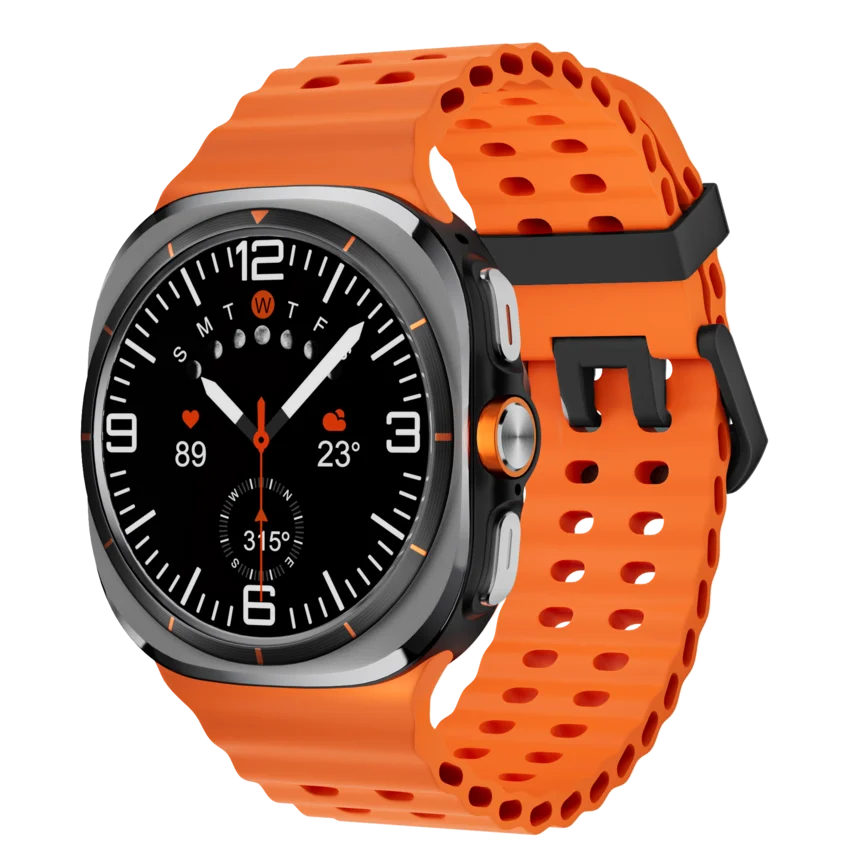 Slight right angled view of the Kalobee Ultra SK7 smart watch with orange band and analogue watch face