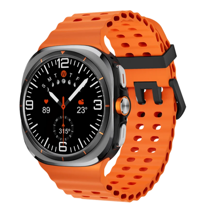 Slight right angled view of the Kalobee Ultra SK7 smart watch with orange band and analogue watch face