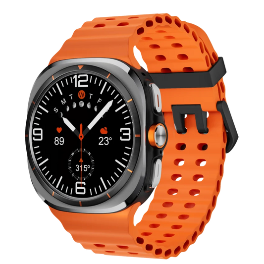 Slight right angled view of the Kalobee Ultra SK7 smart watch with orange band and analogue watch face