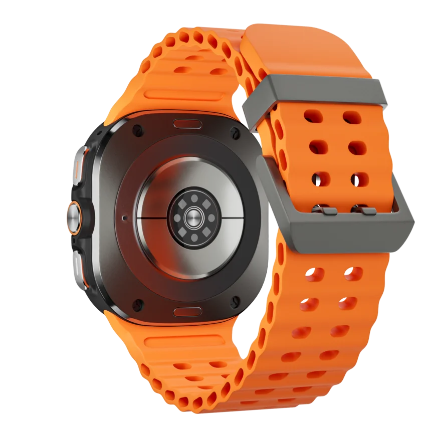 Rear view of the Kalobee Smartwatch Ultra SK7 with an orange band on a white background