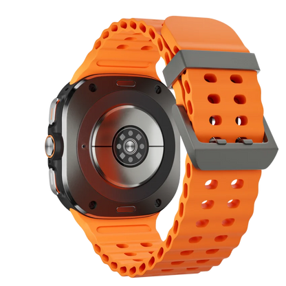 Rear view of the Kalobee Smartwatch Ultra SK7 with an orange band on a white background