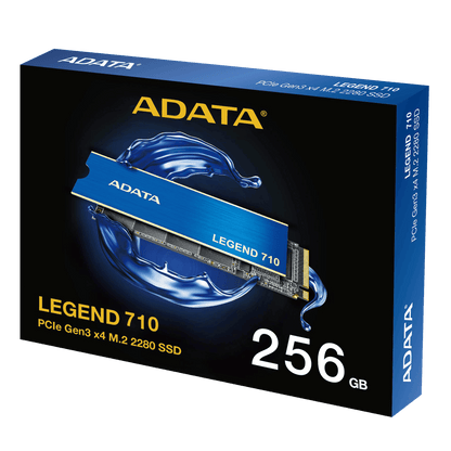 ADATA SSD packaging with 'LEGEND 710' and '256 GB' text on a black background