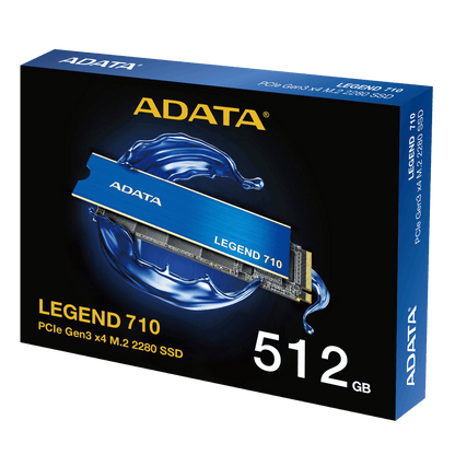 ADATA Legend 710 512GB SSD packaging with blue and black design