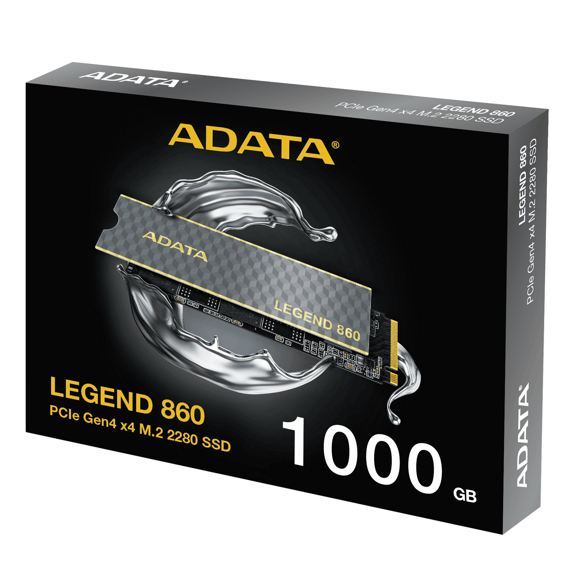 ADATA SSD packaging with 'Legend 860' and '1000 GB' text on a black background