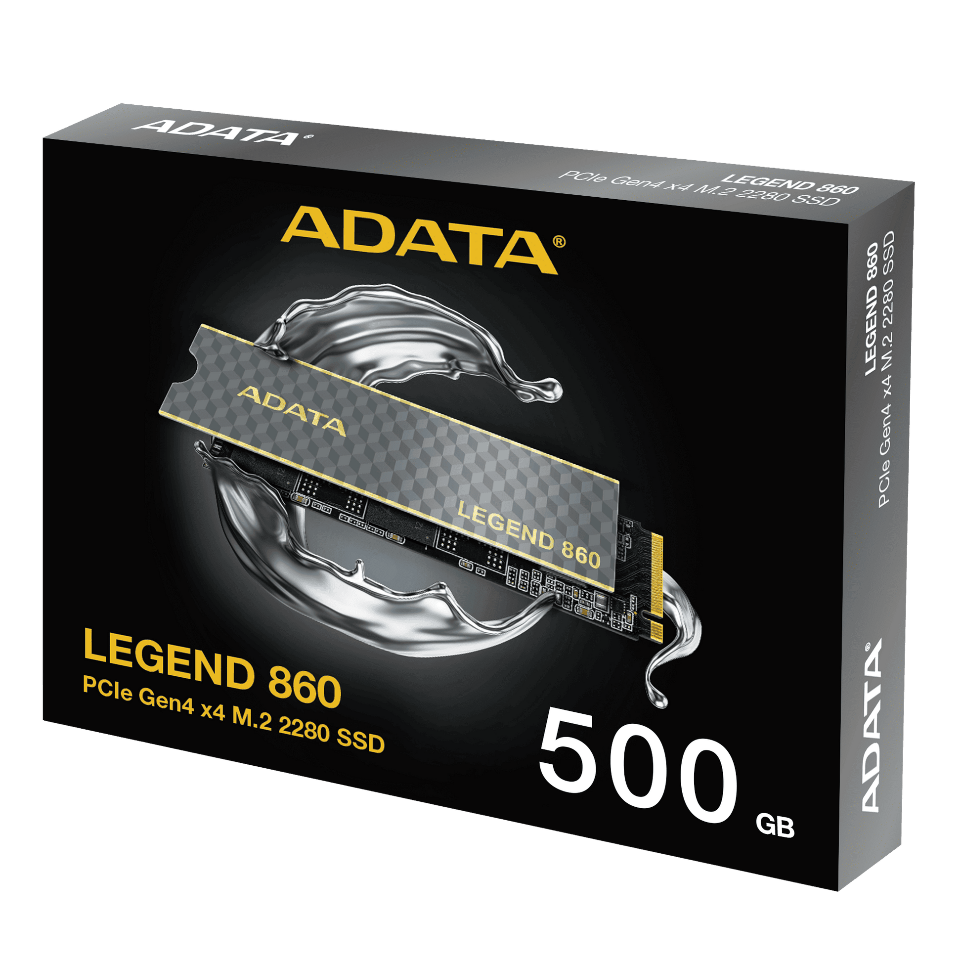 ADATA Legend 860 M.2 packaging with 500GB capacity on a clear background
