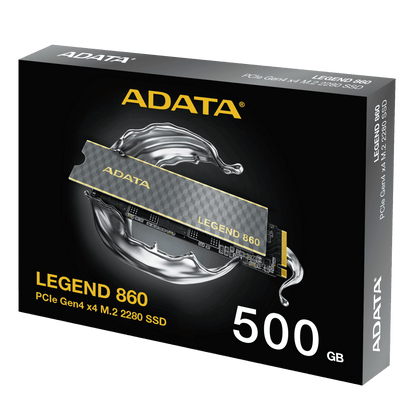 ADATA Legend 860 M.2 packaging with 500GB capacity on a clear background