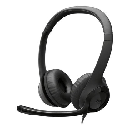 Black Logitech H390 USB-C headset with microphone on a white background