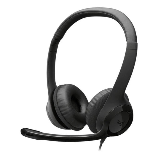 Black Logitech H390 USB-C headset with microphone on a white background