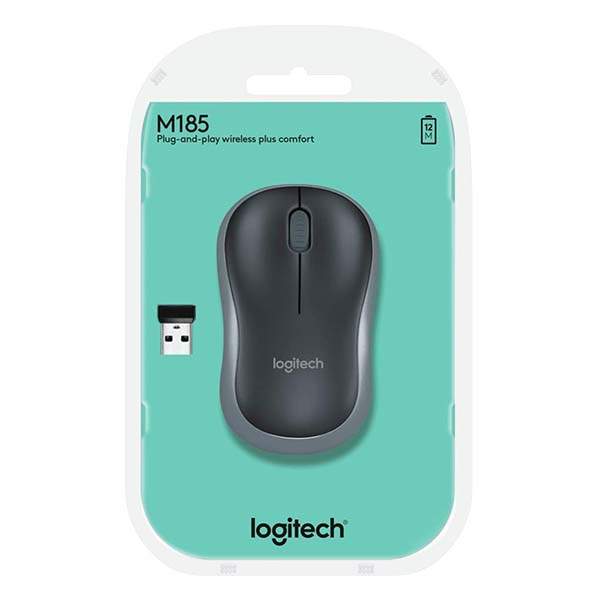 Logitech Wireless Mouse M185 (Black & Swift Grey) Nano USB receiver 3 buttons optical tracking with wheel 10m range 12-month bat