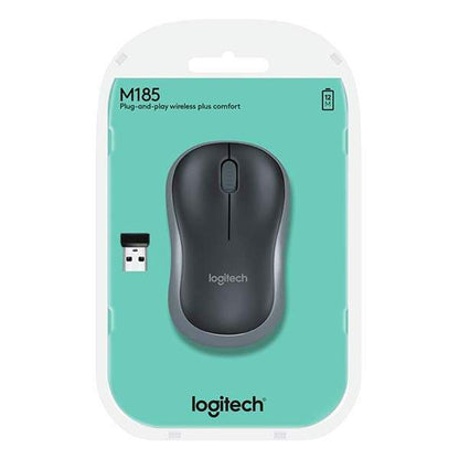 Logitech Wireless Mouse M185 (Black & Swift Grey) Nano USB receiver 3 buttons optical tracking with wheel 10m range 12-month bat
