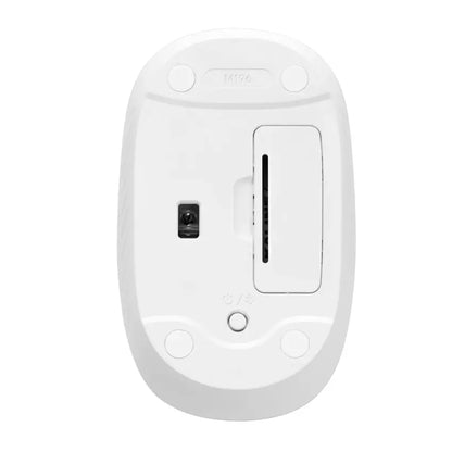 Bottom view of the White Logitech M196 Bluetooth Wireless Mouse on a white background