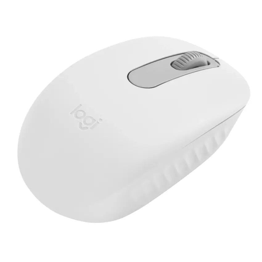 Angled Right side view of the White Logitech M196 Bluetooth Wireless Mouse with Logitech logo on a white background