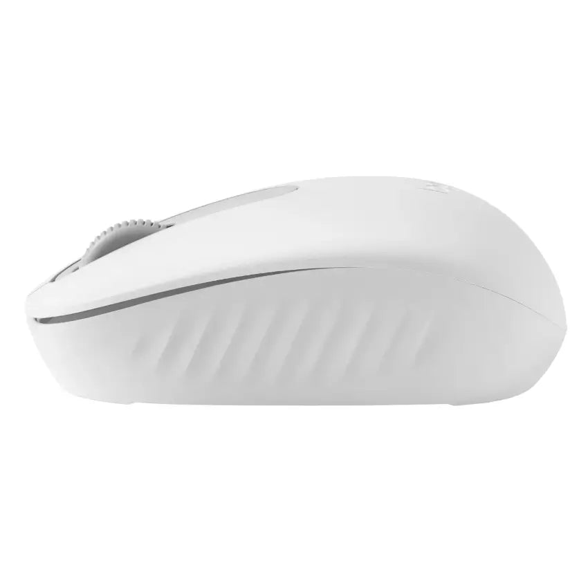 Side view of the White Logitech M196 Bluetooth Wireless Mouse on a white background
