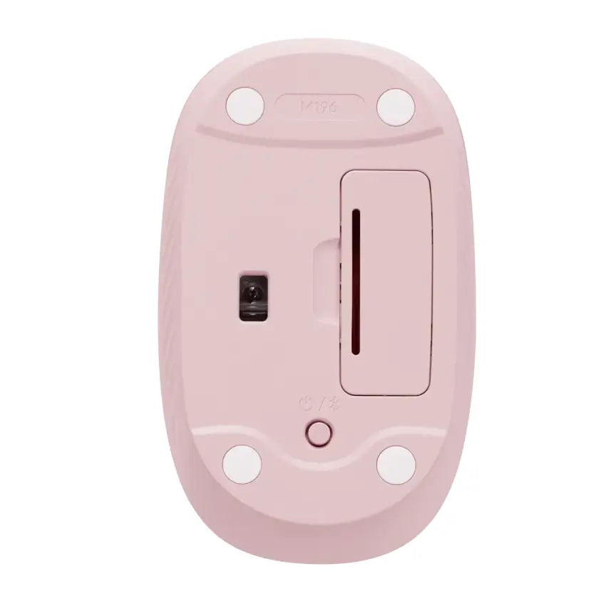 Bottom view of the Pink Logitech M196 Bluetooth Wireless Mouse on a white background