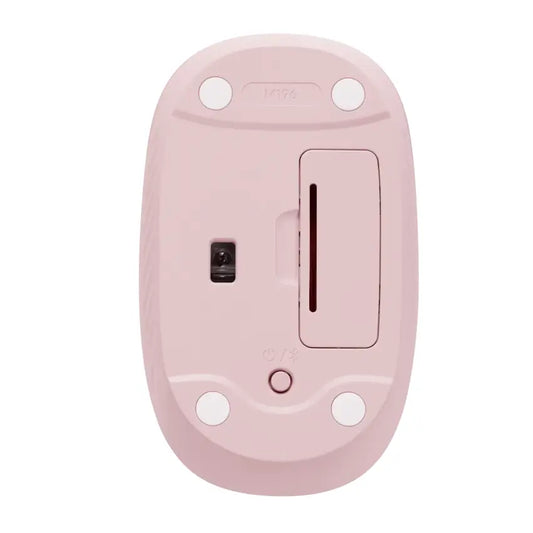 Bottom view of the Pink Logitech M196 Bluetooth Wireless Mouse on a white background