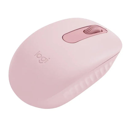 Angled Right side view of the Pink Logitech M196 Bluetooth Wireless Mouse with Logitech logo on a white background