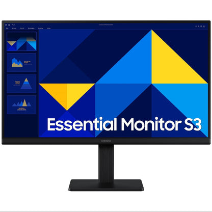 Monitor with 'Essential Monitor S3' on a blue geometric background