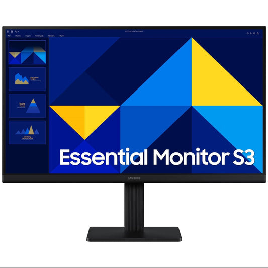 Monitor with 'Essential Monitor S3' on a blue geometric background