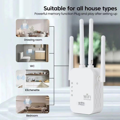 White M-Link AC1200 Dual-Band WiFi repeater with antennas on a light background, showing suitability for various rooms.