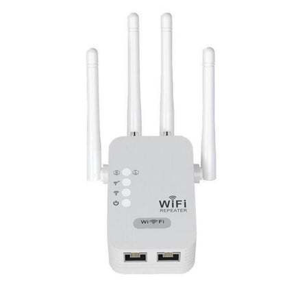 White M-Link AC1200 Dual-Band WiFi repeater with multiple antennas on a white background