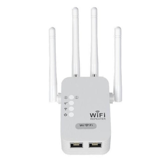 White M-Link AC1200 Dual-Band WiFi repeater with multiple antennas on a white background