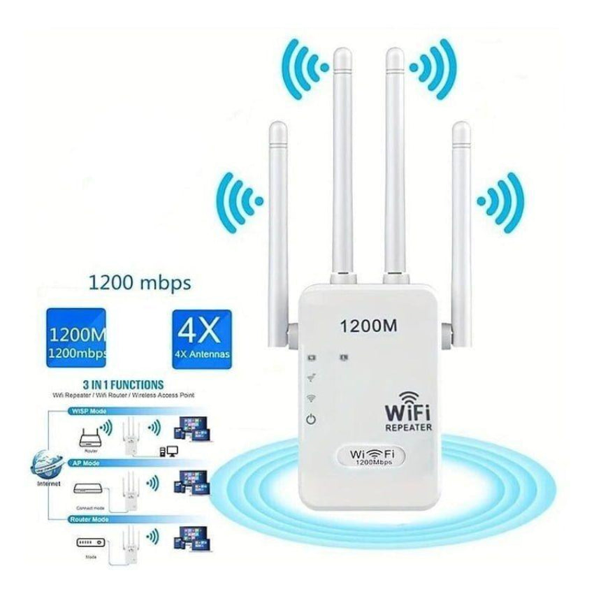 White M-Link AC1200 Dual-Band WiFi repeater with multiple antennas on a white background