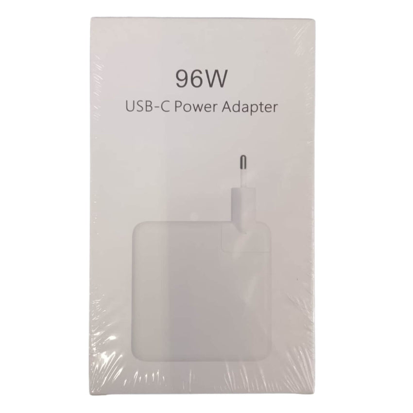 A 96W USB-C power adapter in its original white retail packaging, wrapped in clear plastic. The packaging features black text reading '96W USB-C Power Adapter' and a semi-transparent window showing the white adapter inside.