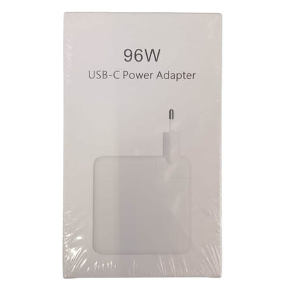 A 96W USB-C power adapter in its original white retail packaging, wrapped in clear plastic. The packaging features black text reading '96W USB-C Power Adapter' and a semi-transparent window showing the white adapter inside.