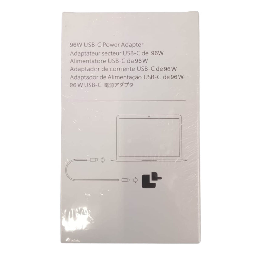 White product packaging box for a 96W USB-C power adapter, featuring multilingual text and a simple laptop and cable diagram on a white background.