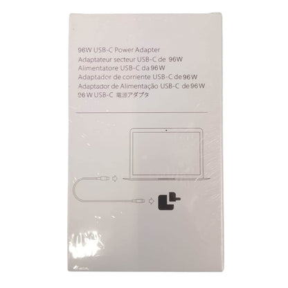 White product packaging box for a 96W USB-C power adapter, featuring multilingual text and a simple laptop and cable diagram on a white background.