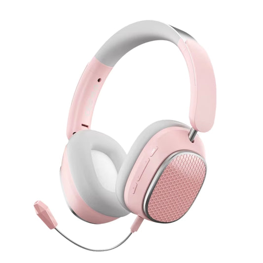 Pink and gray headphones on a white background