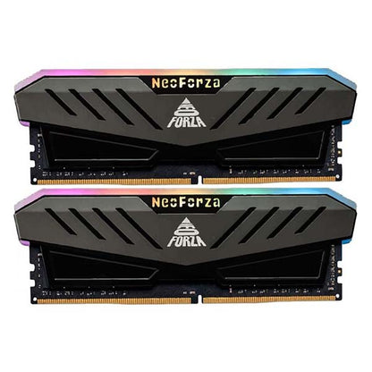 Two black computer memory modules with colorful lighting on a white background, featuring the NecroForza logo.