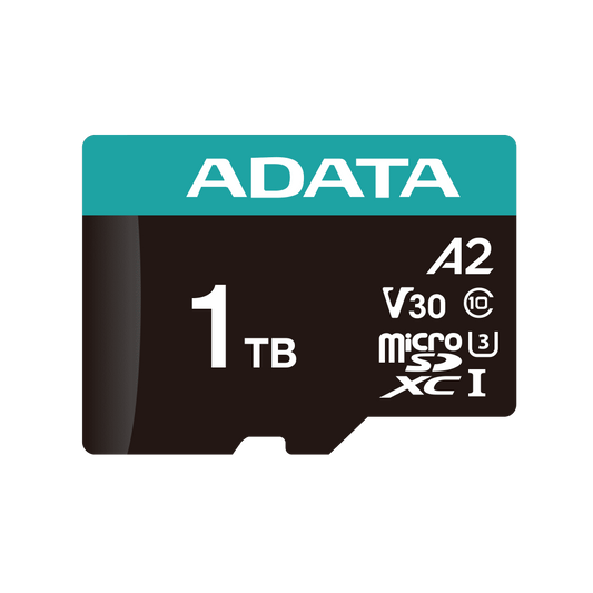 ADATA V30S 1TB microSDXC card with specifications on a green background