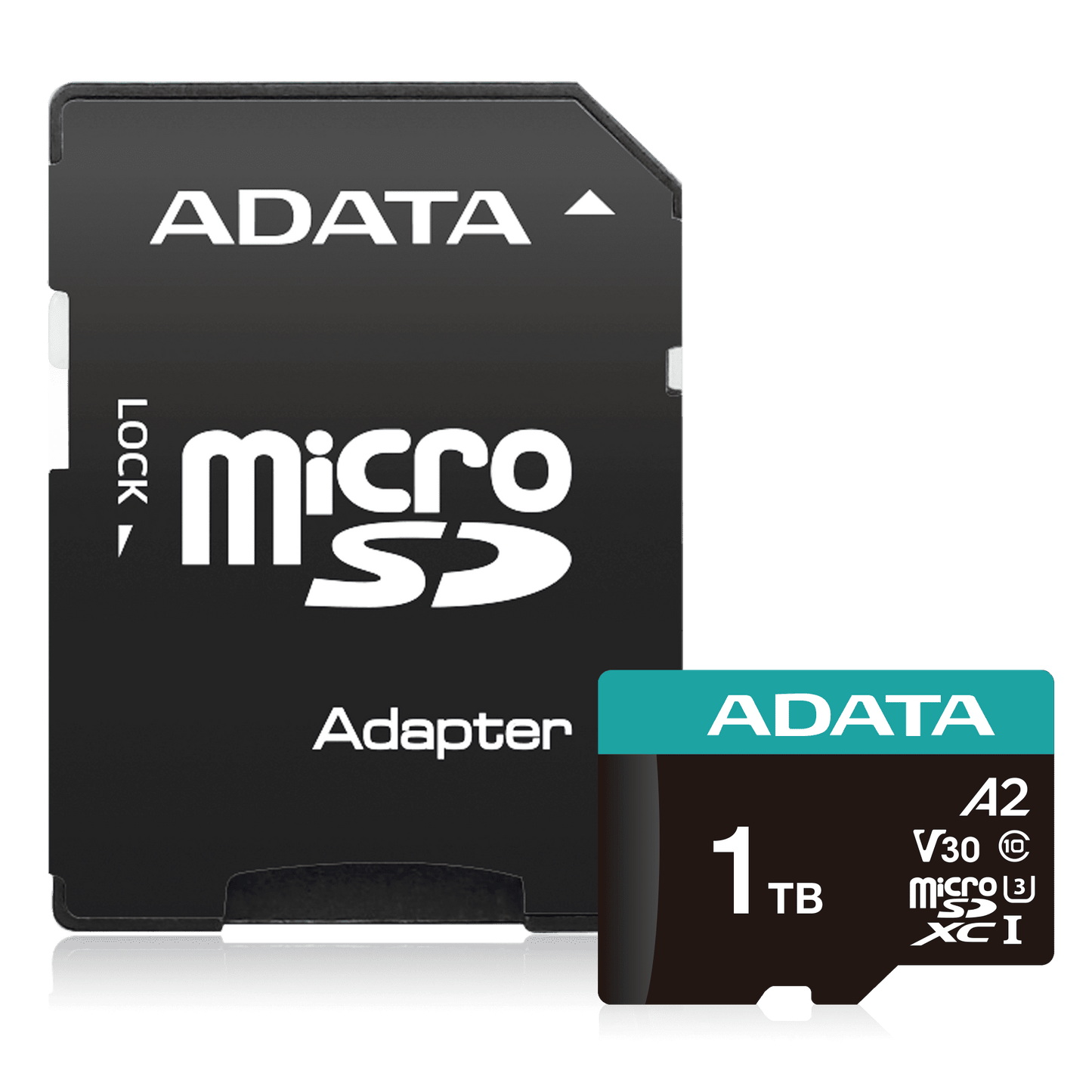 ADATA V30S 1TB microSD card with adapter on a transparent background