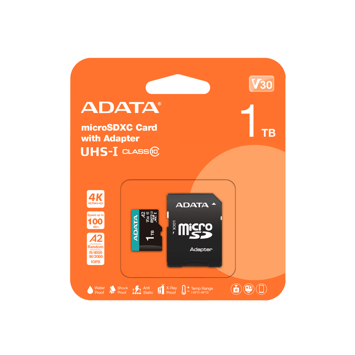 ADATA V30S 1TB microSDXC card with adapter packaging on a transparent background