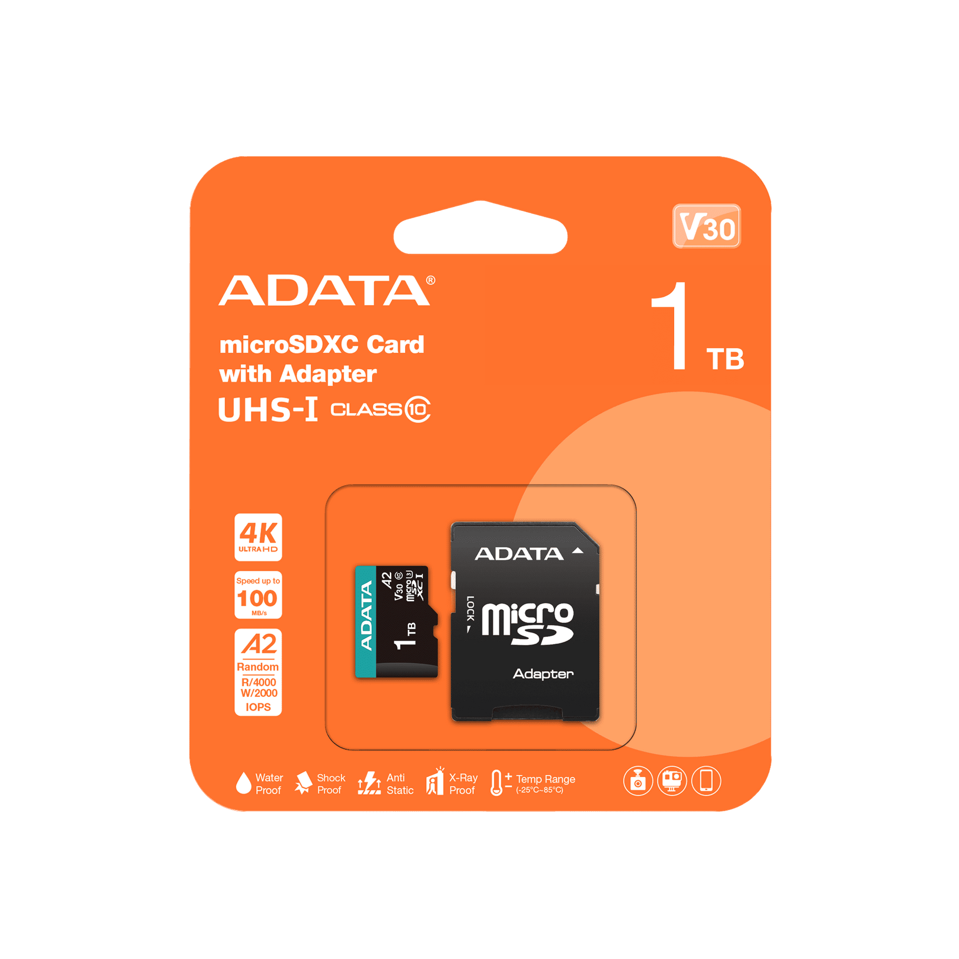 ADATA V30S 1TB microSDXC card with adapter packaging on a transparent background