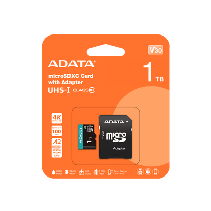 ADATA V30S 1TB microSDXC card with adapter packaging on a transparent background