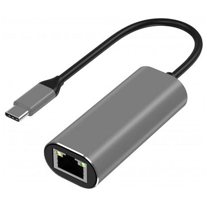 Network adapter with USB-C connector and Ethernet cable on a white background