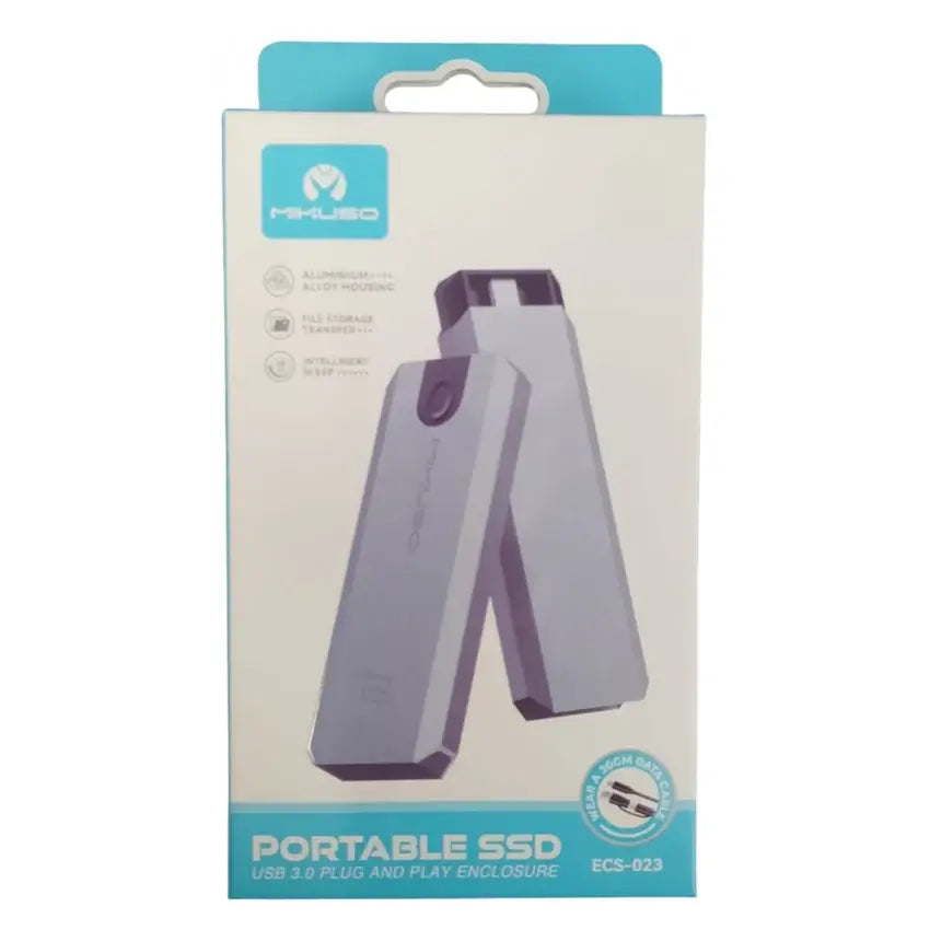 Mikuso ECS-023 portable SSD enclosure in its original retail packaging, featuring a light purple and dark purple A-shaped plug design on a white and teal box.