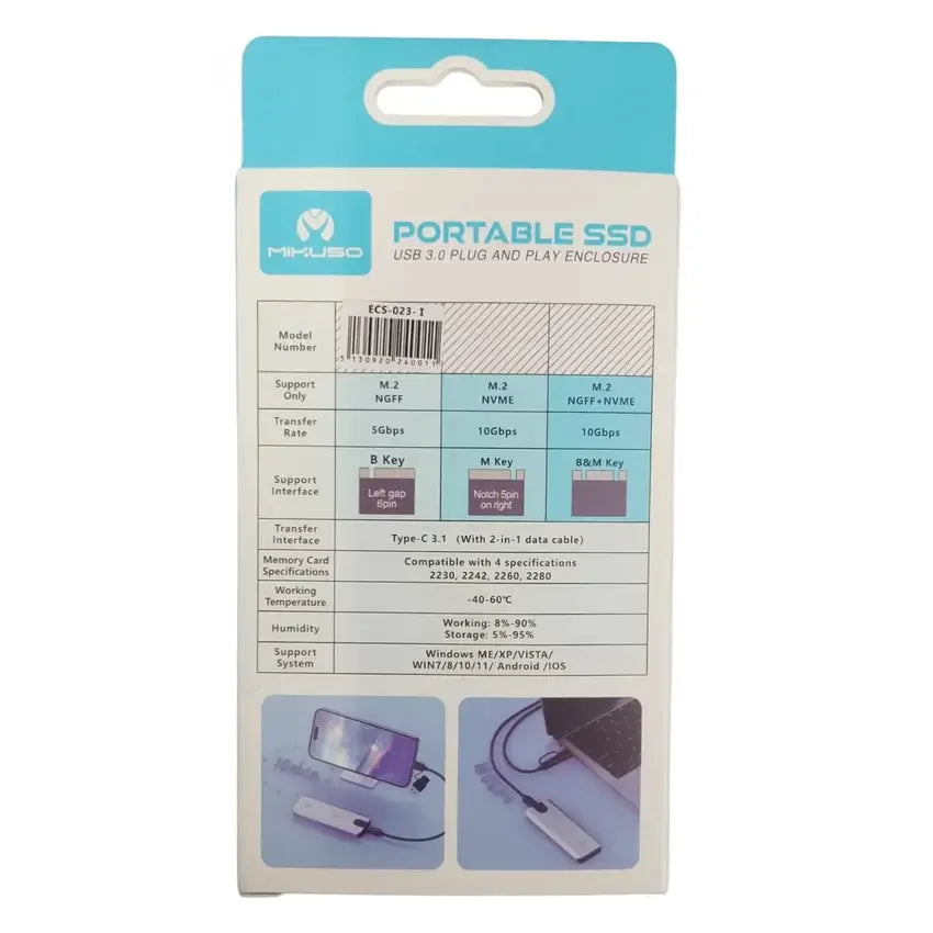 Mikuso ECS-023 USB-C 3.0 Portable SSD enclosure in its retail packaging, featuring a white and light blue box with product specifications and compatibility details.