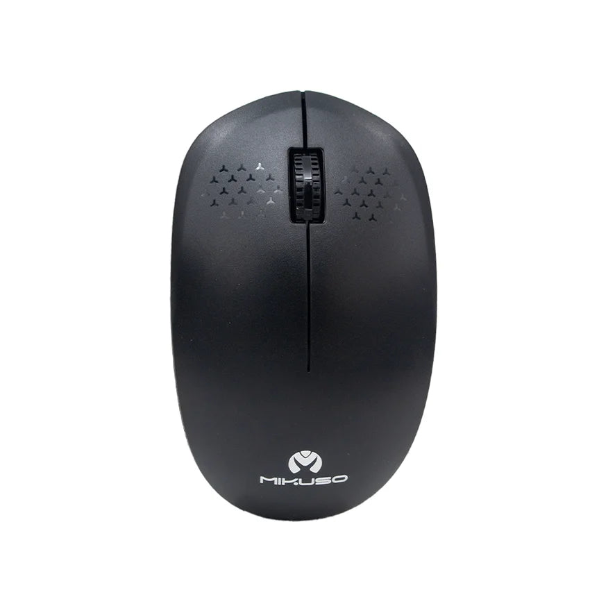 Black Mikuso MOS-W080 wireless computer mouse with a white MIKUSO logo, shown on a plain white background.