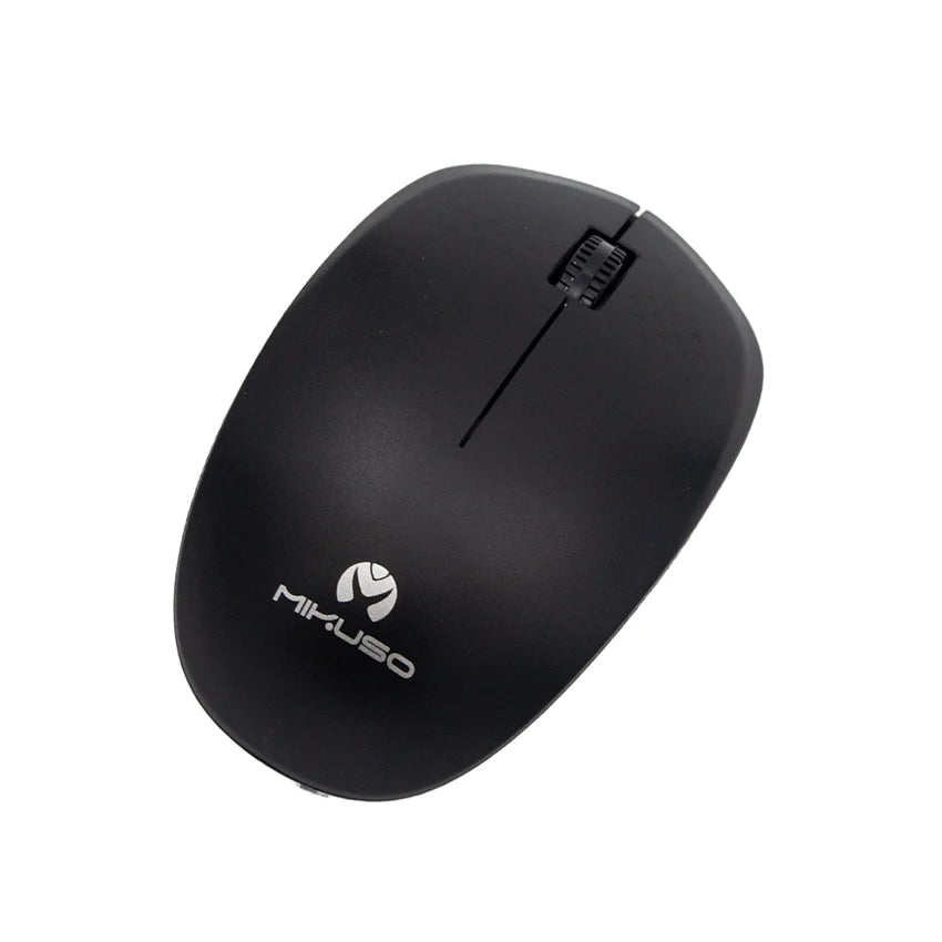 A black wireless computer mouse with a silver Mikuso logo, shown from an angled top-down view on a plain white background.