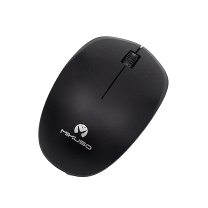 A black wireless computer mouse with a silver Mikuso logo, shown from an angled top-down view on a plain white background.