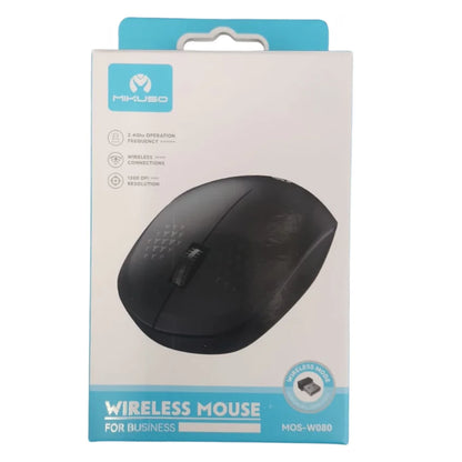 A retail box for a black wireless mouse, branded MIKUSO, on a plain white background. The packaging features a large image of the black mouse and light blue accents.