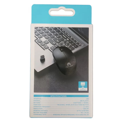 A black wireless computer mouse in its retail packaging, shown with a laptop keyboard and a small USB receiver on the front of the box.