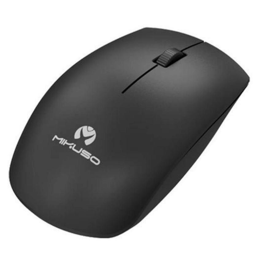 Mikuso MOS-W121 Black wireless computer mouse with logo on a white background