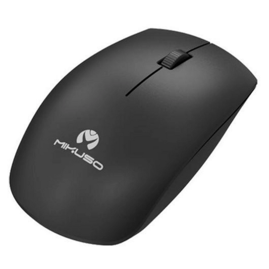 Mikuso MOS-W121 Black wireless computer mouse with logo on a white background