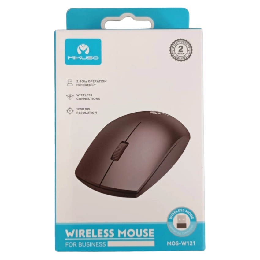 Mikuso MOS-W121 Wireless mouse packaging with blue and white design on a white background