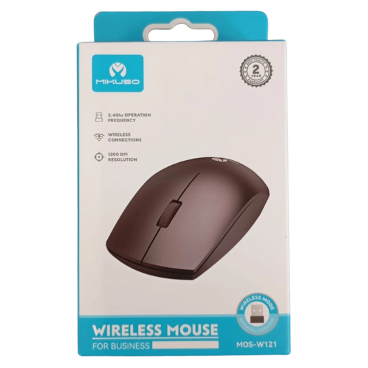 Mikuso MOS-W121 Wireless mouse packaging with blue and white design on a white background