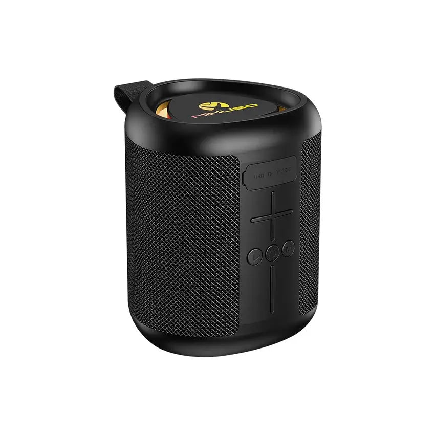 A black portable Bluetooth speaker with a textured mesh grille, carrying loop, and gold logo on the top surface, shown against a plain white background.